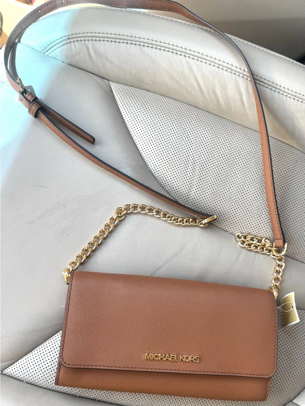 Michael Kors Jet Tan Leather Crossbody with Gold Chain